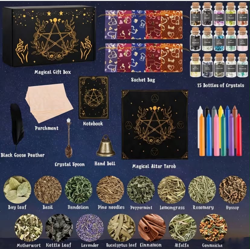 62 pcs Witchcraft Supplies Kit for Beginners, Witch Altar Spell Box Include Dried Herb Crystal Notebook Parchment, DIY Crafts Tools for Soap Scented Fragrance Making