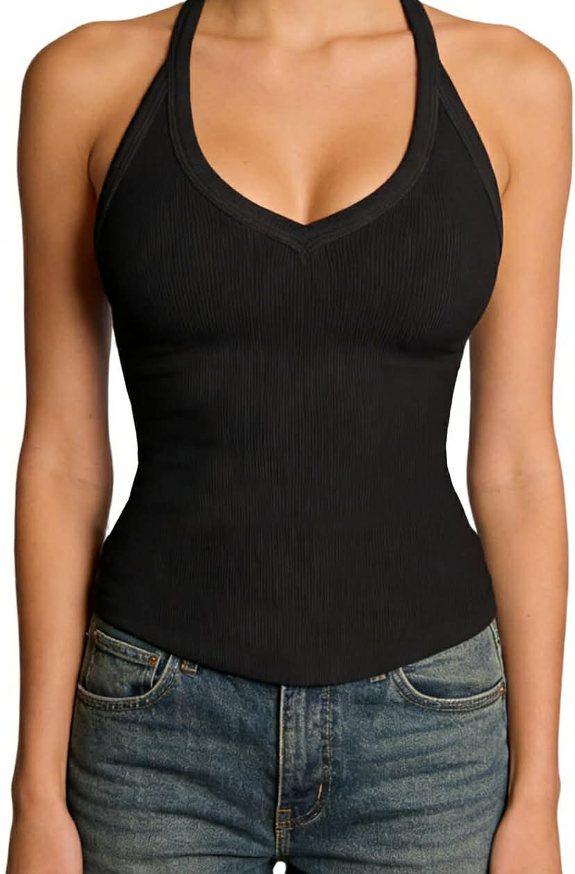 V Neck Tank Tops Women, Ribbed Racerback Halter Neck Top Summer Stretch Sleeveless Going Out Tops for Women UK Gym Workout Yoga