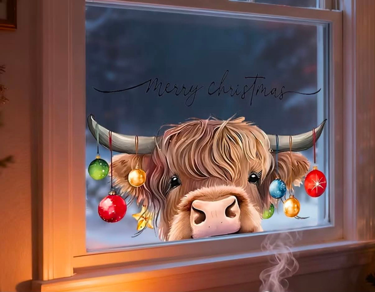 1pc Adorable Christmas Animal Window Sticker, Cute Yak with Gazing Expression, String Lights Hanging from Horns,