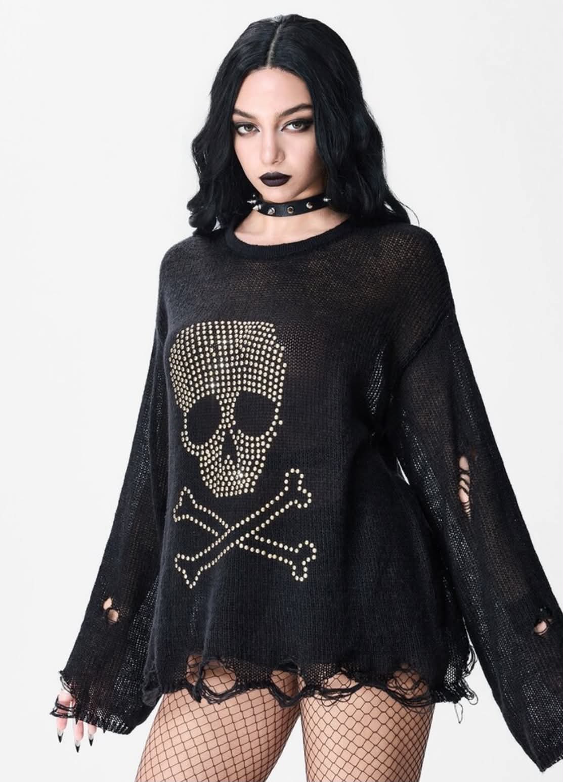 Dark Gothic Punk Skull Metal Rivet Distressed Design Round Neck Loose Pullover Sheer Sweater