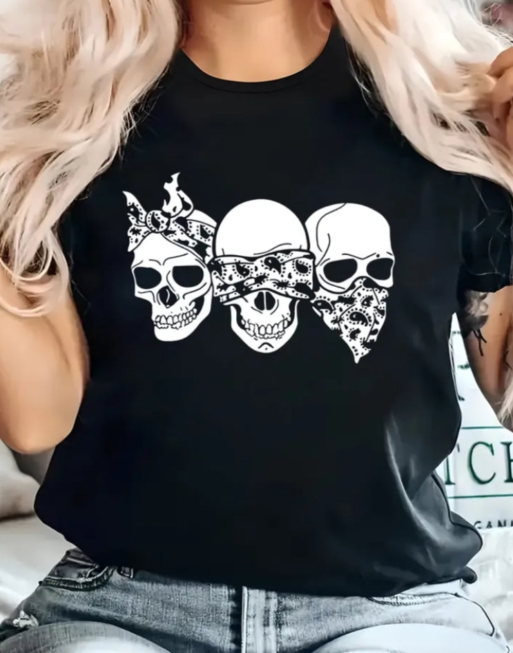 Crew Neck Short Sleeve T-Shirt Women'S Casual Top with Crown Skull Pattern Letter Print