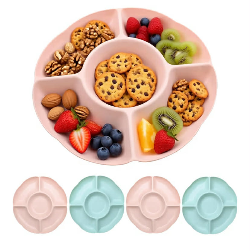 4 X 5 Sectional Round Plastic Appetizer Snack Serving Platter, Compartment Trays, Reusable Party Appetizer Platter with Dividers for Movie Night, 9.65in (Pink+Green)