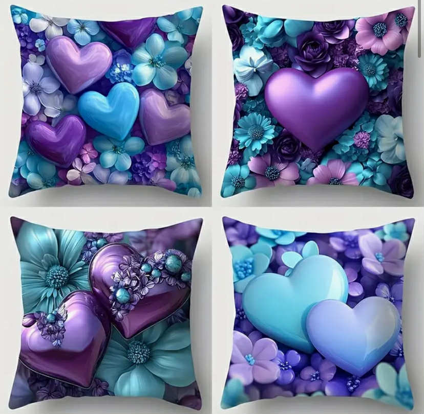 4 pcs set, sofa pillow cover, blue purple heart-shaped pattern pillowcase