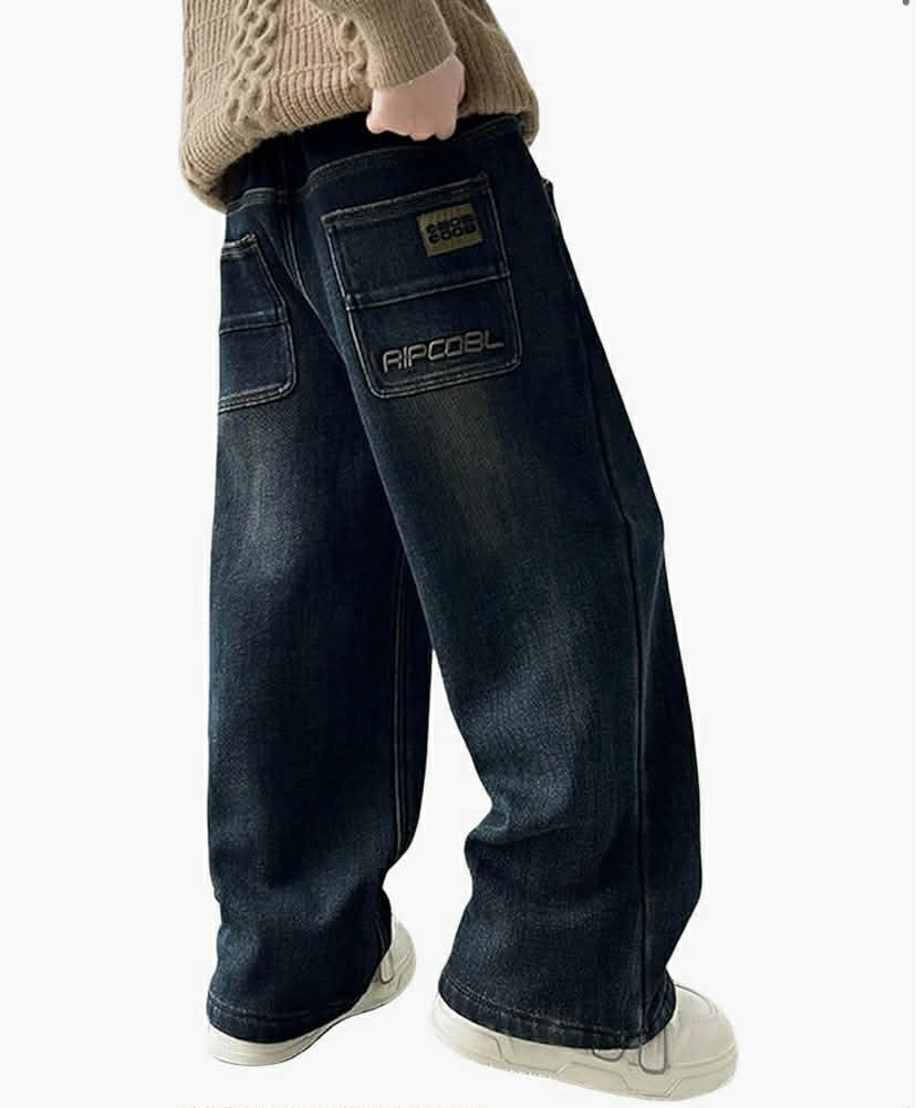 Boys Baggy Jeans Y2K Vintage Cargo Trousers Children's Spring Wide Leg Streetwear Hip Hop Trouser Casual Straight Bootcut Jean Denim Pants with Pockets for Kid Fit Teenager Boys Cargo Pants