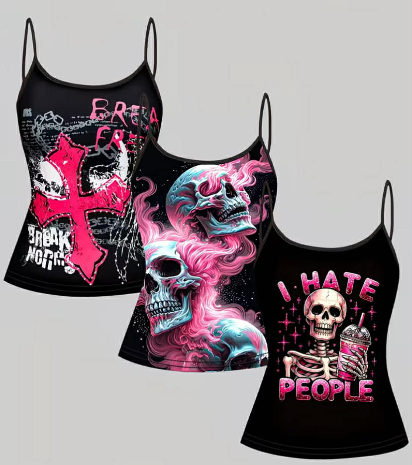 3 pcs Set Sweet & Cool Pink and Black Skull Print Camisole, Gothic Trendy Fun Style Vest Set, Plus Size Women's Top