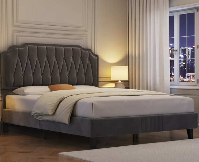 Double Bed Frame Upholstered Platform Bed with Adjustable Button Tufted Headboard/Velvet Fabric/Mattress Foundation/Sturdy Wooden Slat Support, No Box Spring Needed, Black/Beige/Dark Grey/Light Grey