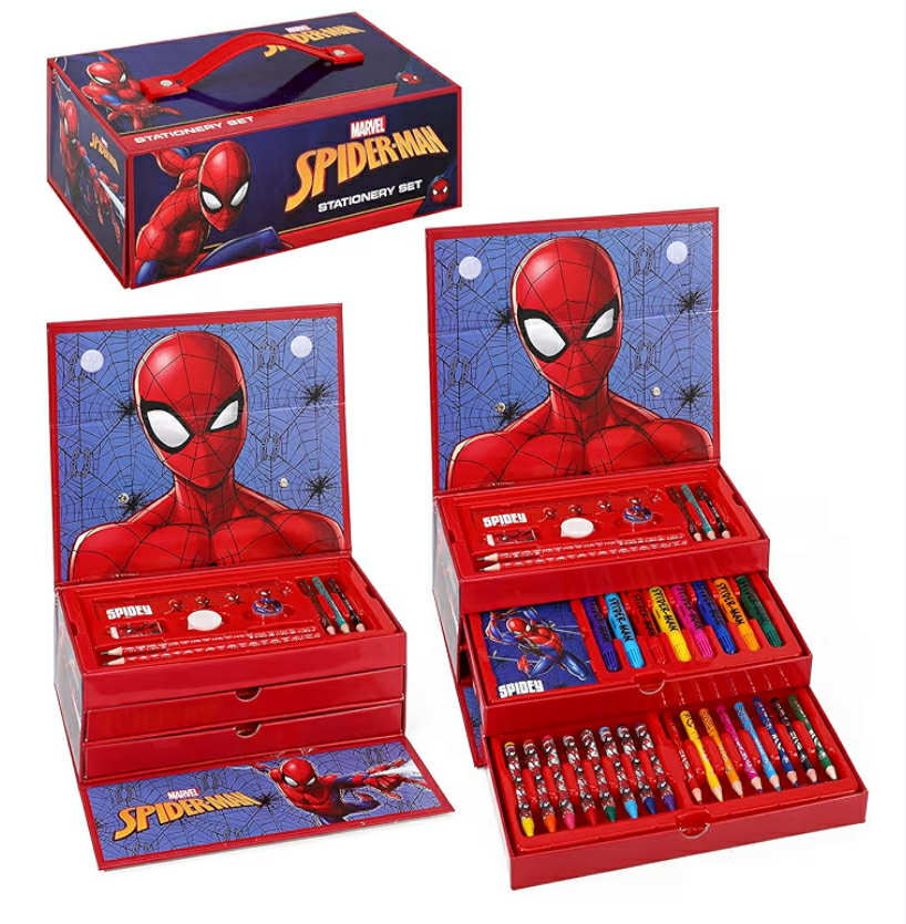 Spiderman Kids 34pc Colouring Art Stationery Set with Watercolour Felt Tip Pens Crayons and Pencils Travel Set for Children