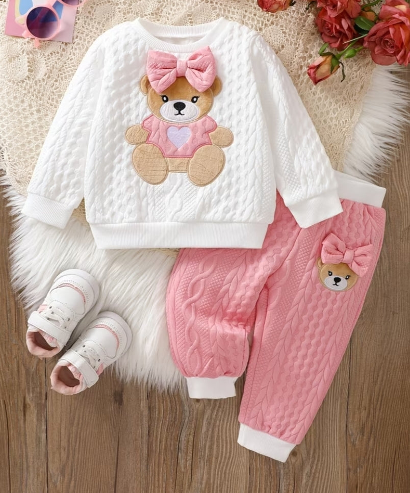 2pcs Set Girls' Autumn/Winter Cute Casual Sweatshirt with Bear Embroidery and 3D Bow, Jacquard Fabric