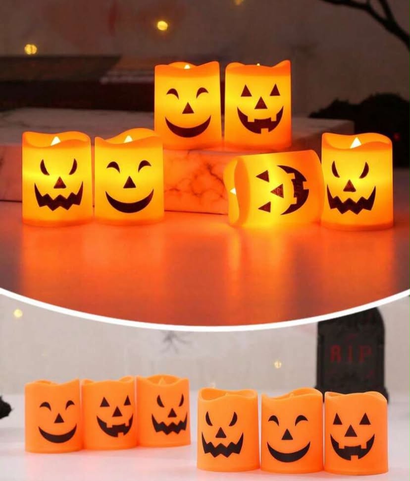 6pcs Halloween Pumpkin Face Candle Lights, Flameless Tea Lights, Mini Horror Party Props, Pumpkin Shaped Lights, Realistic Flickering LED Candles, Battery Powered LED