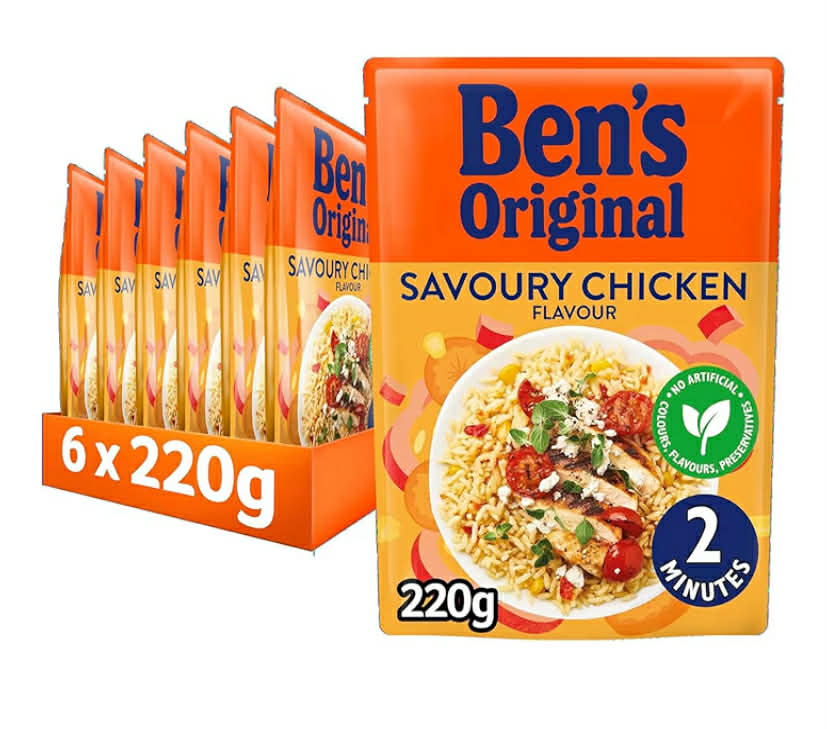Ben's Original Microwave Rice Pouch, Savoury Chicken Flavour, Wholesome Easy to Prepare Rice, Suitable for Vegetarians, 6 x 220g Multipack