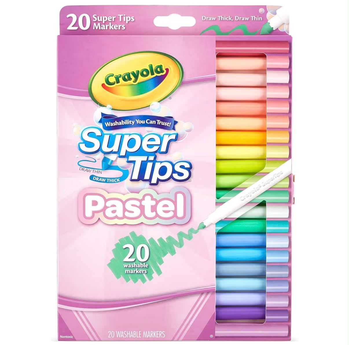 Pastel Super Tips Washable Markers - Assorted Colours (Pack of 20) Premium Felt Tip Pens That Can Easily Wash Off Skin and Clothing For Ages 3+