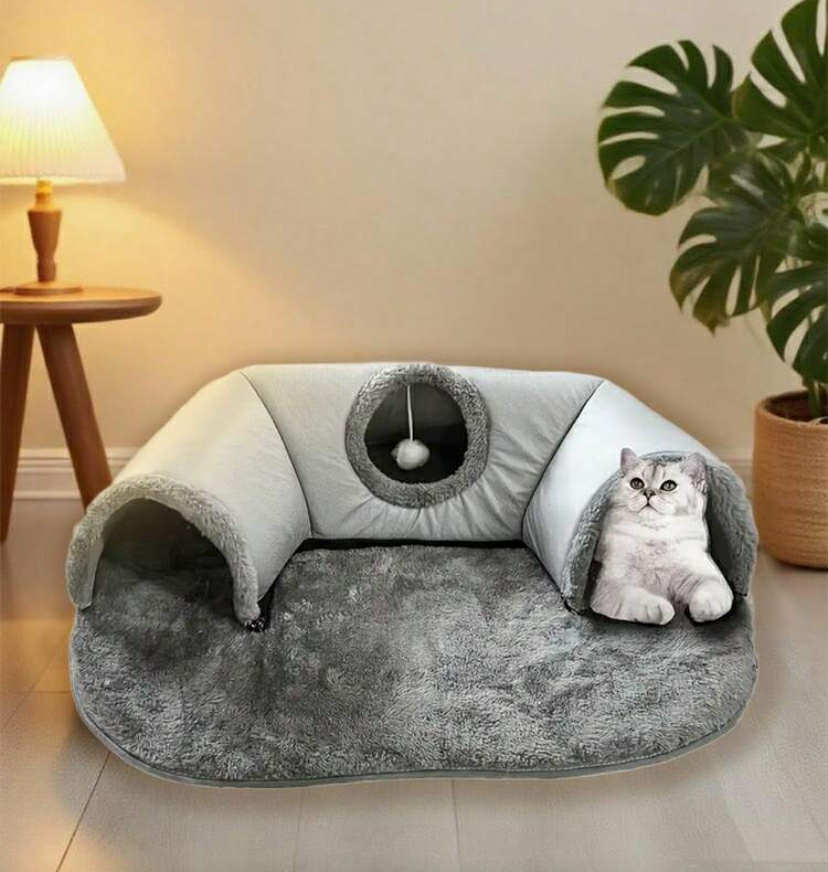 3-In-1 Cozy Cat Tunnel Bed - Play Mat & Warm Nest With Non-Slip Base For Small To Medium Cats, Rabbits & Hamsters
