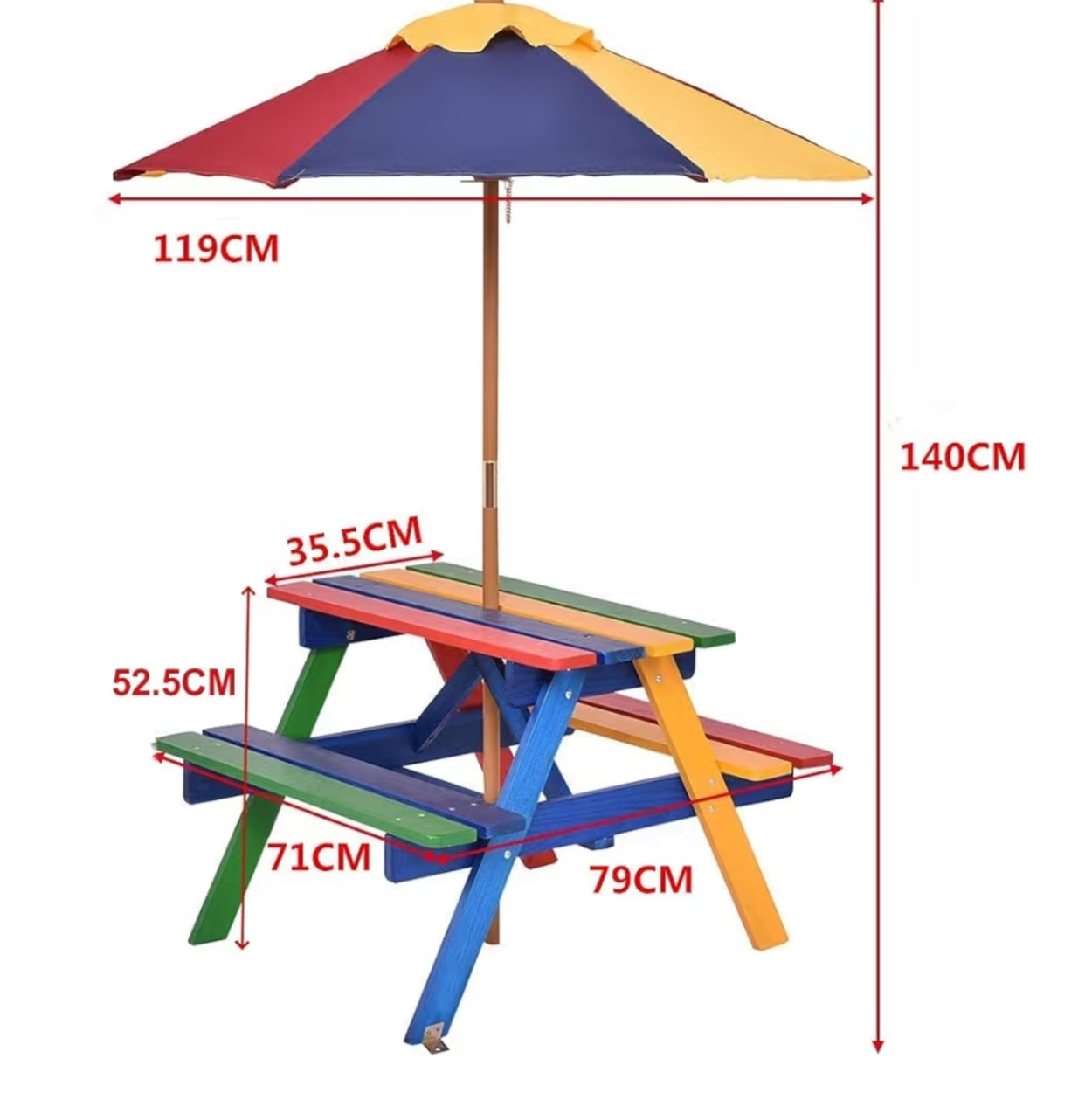 Kids Picnic Table, Garden Wooden Bench with Removable Umbrella, Outdoor Children Furniture Parasol