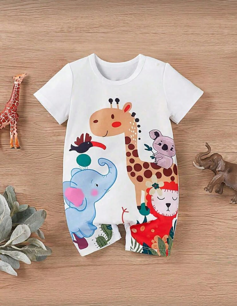 Baby Boy Short Sleeve Cartoon Animal Giraffe, Elephant, Monkey Print Romper