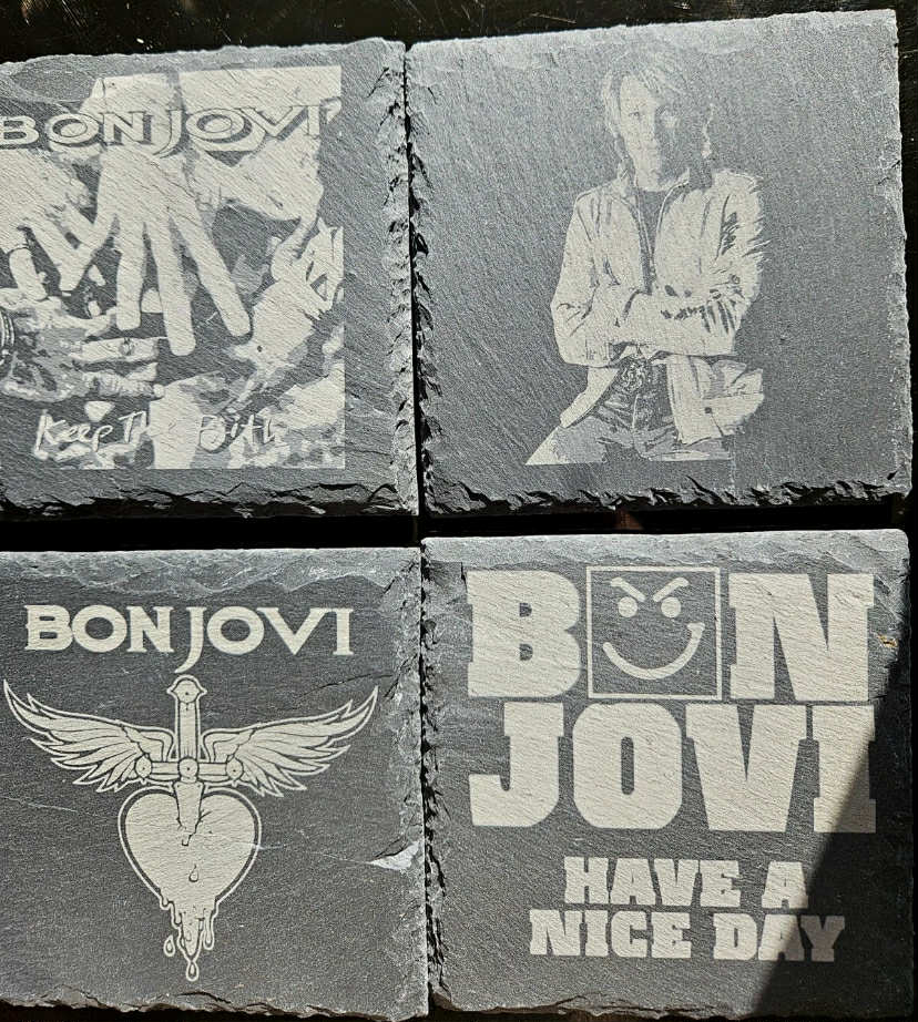 Set of 4 slate Bon Jovi coasters, Rock band, music, drinks, 10x10cm,