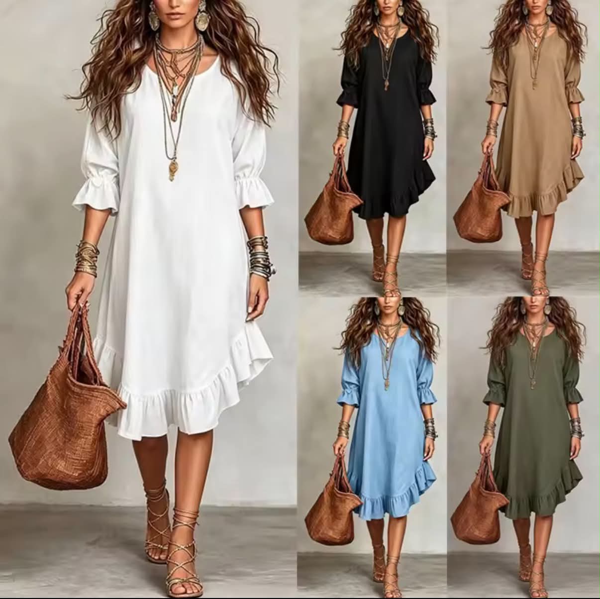 Elegant V-Neck Midi Sleeve Dress with Hem Ruffle Detail