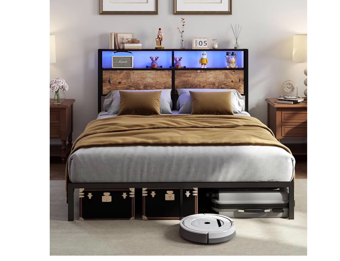 King Size Bed Frame with Headboard, 150x200cm Metal Platform Bed Frame with LED Lights, Under Bed Storage, Heavy Duty, No Box Spring Needed, Noise Free, Easy Assembly (No Charging Socket)