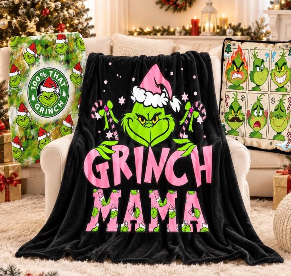 The Grinch 1pc Christmas Edition Monster Print Flannel Throw Pillow Blanket, Soft