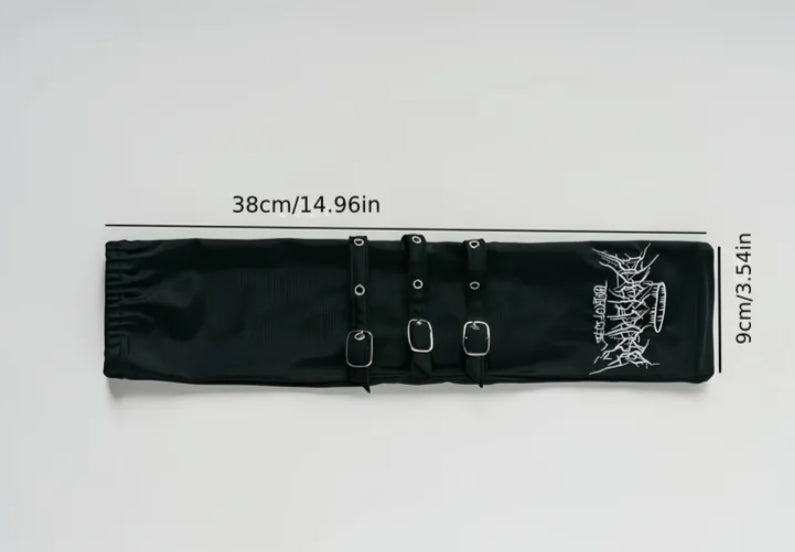 1 Pair Punk Post-Apocalyptic Embroidered Cuffs Black Half Finger Gloves - Non-Elastic Arm Sleeves with Metal Buckles, Hand Wash Only for Gothic Streetwear & Edgy Fashion Accessories