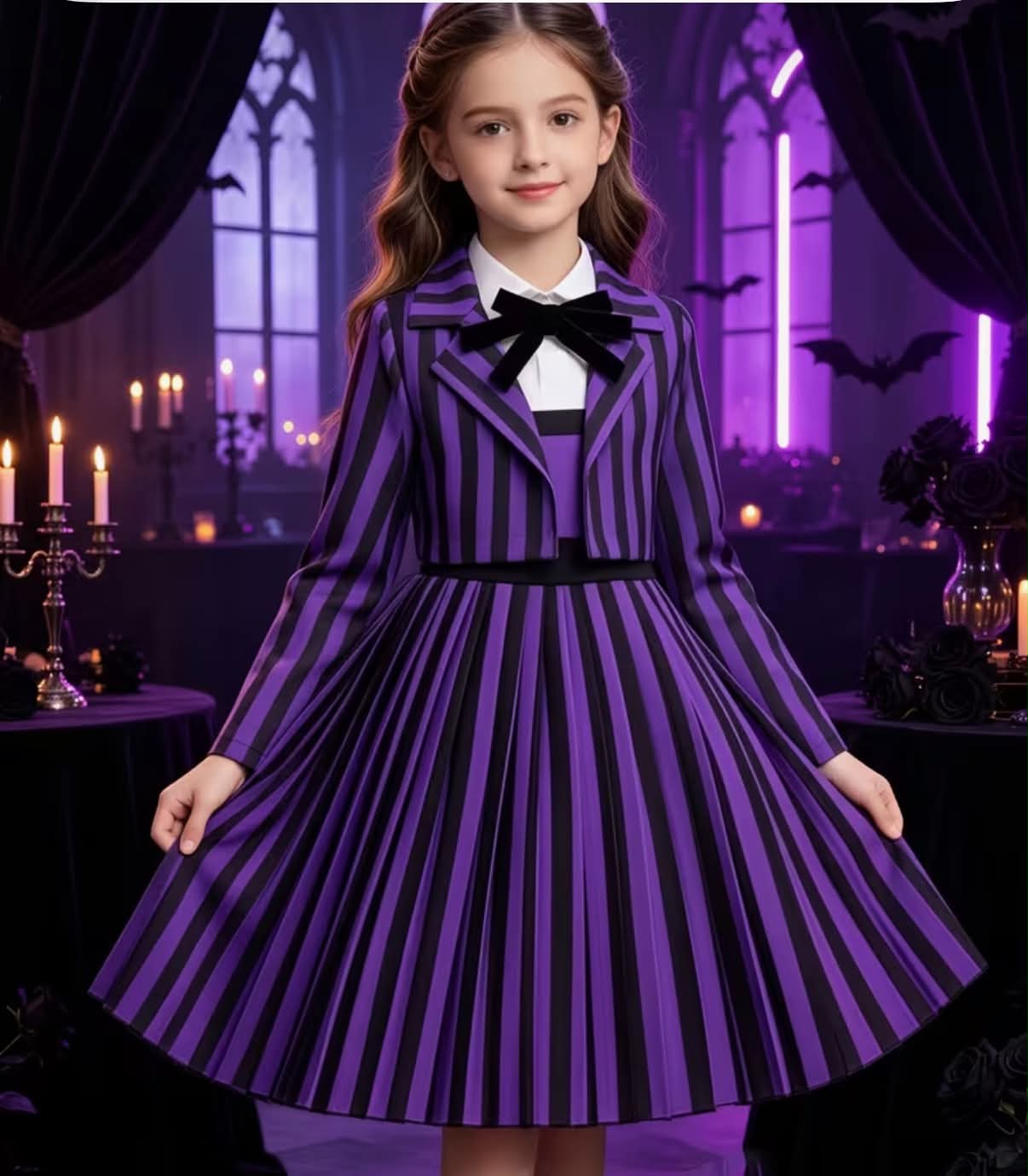 Gothic Dark Style Girls' Halloween Dress 2pcs Set (Dress And Jacket), Purple Black Pinstripe Short Blazer And High-Waist Pleated Long Sleeve Dress Combination, with Velvet Bow Decoration for Exquisite Gloomy Feel
