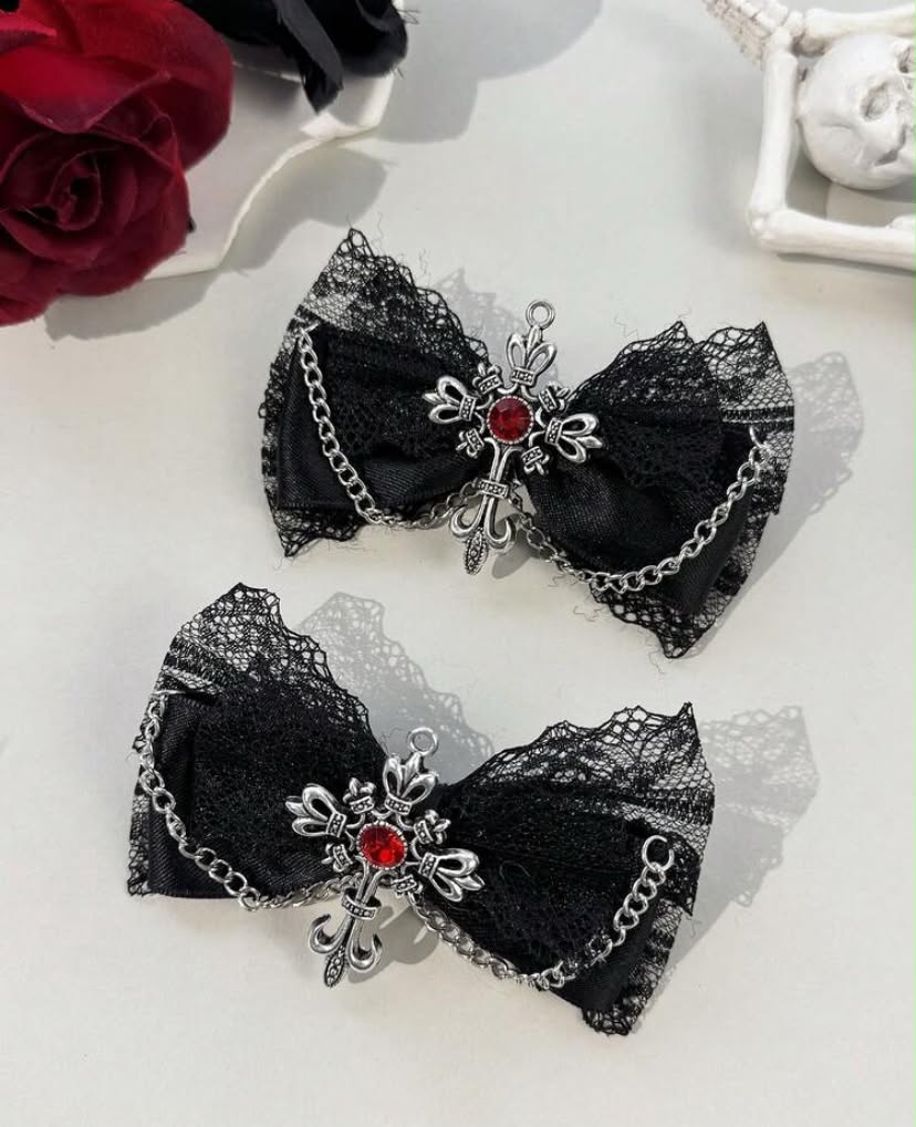 2pcs Gothic Style Lace Ribbon, Dark-Colored Dragon Chain Hair Clips,