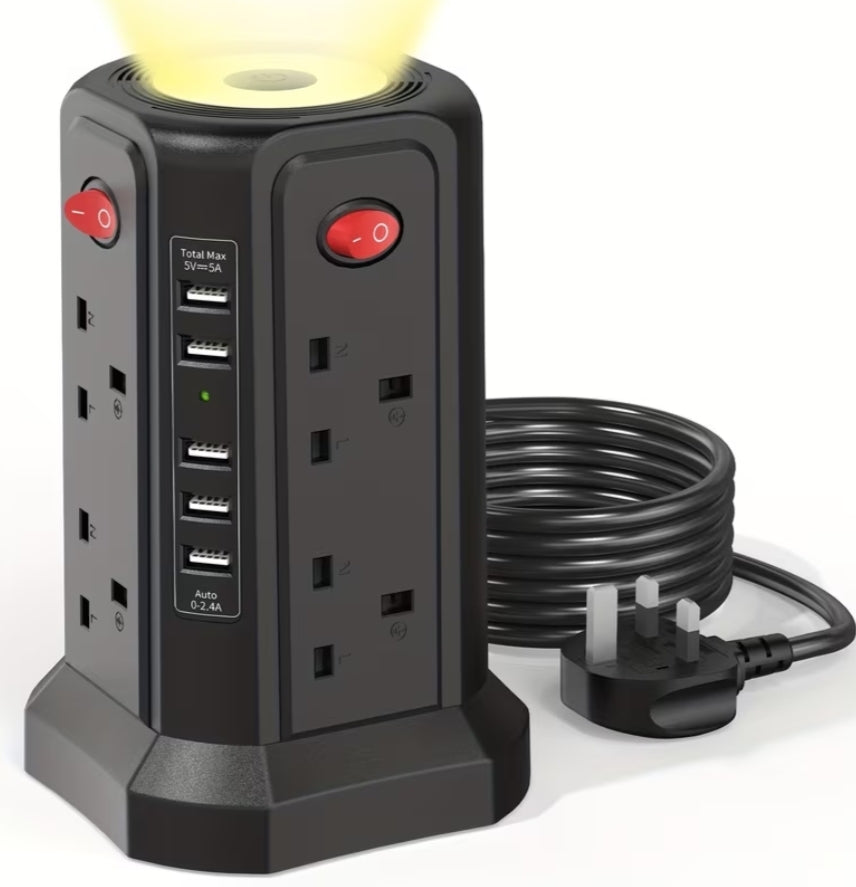 Tower Extension with USB Slots 3.02m, 20W Fast Charger with Night Light, (13A 3250W)5 USB Ports & 8 Way, Surge Protected Extension with 4 Independent Switch, Extension Cable