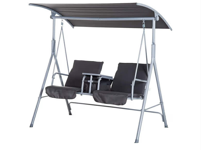 Outsunny 2 Seater Garden Swing Chair Patio Rocking Bench w/Tilting Canopy, Double Padded Seats, Storage Bag and Tray, Grey