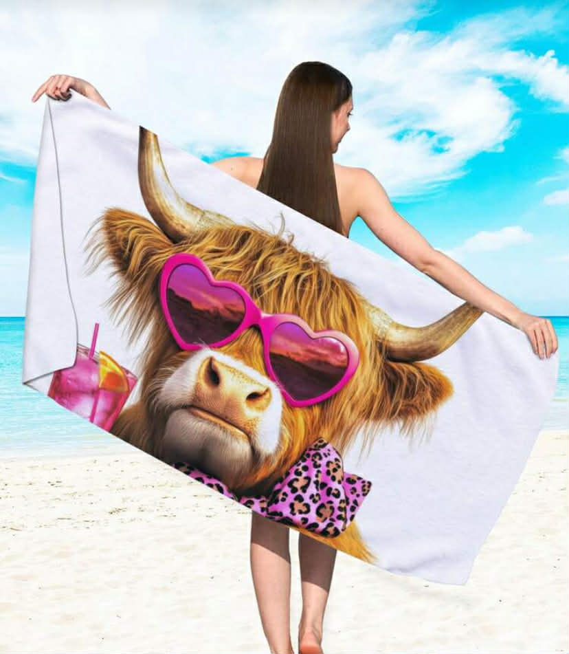 1pc Highland Cattle Animal Print Ultra-Soft Microfiber Absorbent Beach Towel,