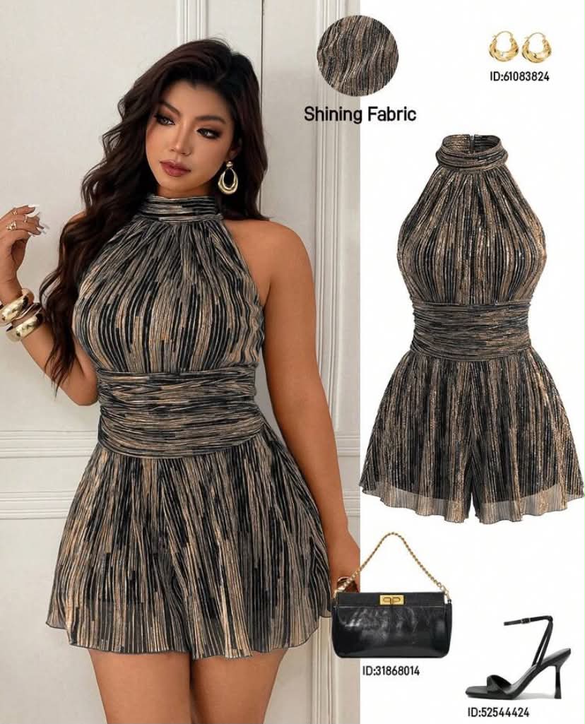 Femmeverse Plus Size Women's Fashion Sexy Halter Pleated Satin Fabric A-Line Romper