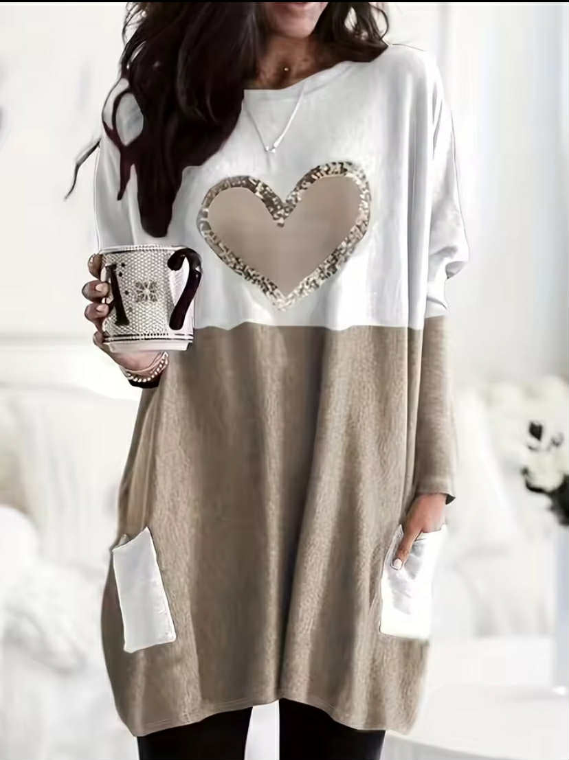 Love Printed Round Neck Loose Color Contrast Long Sleeve T-Shirt Women