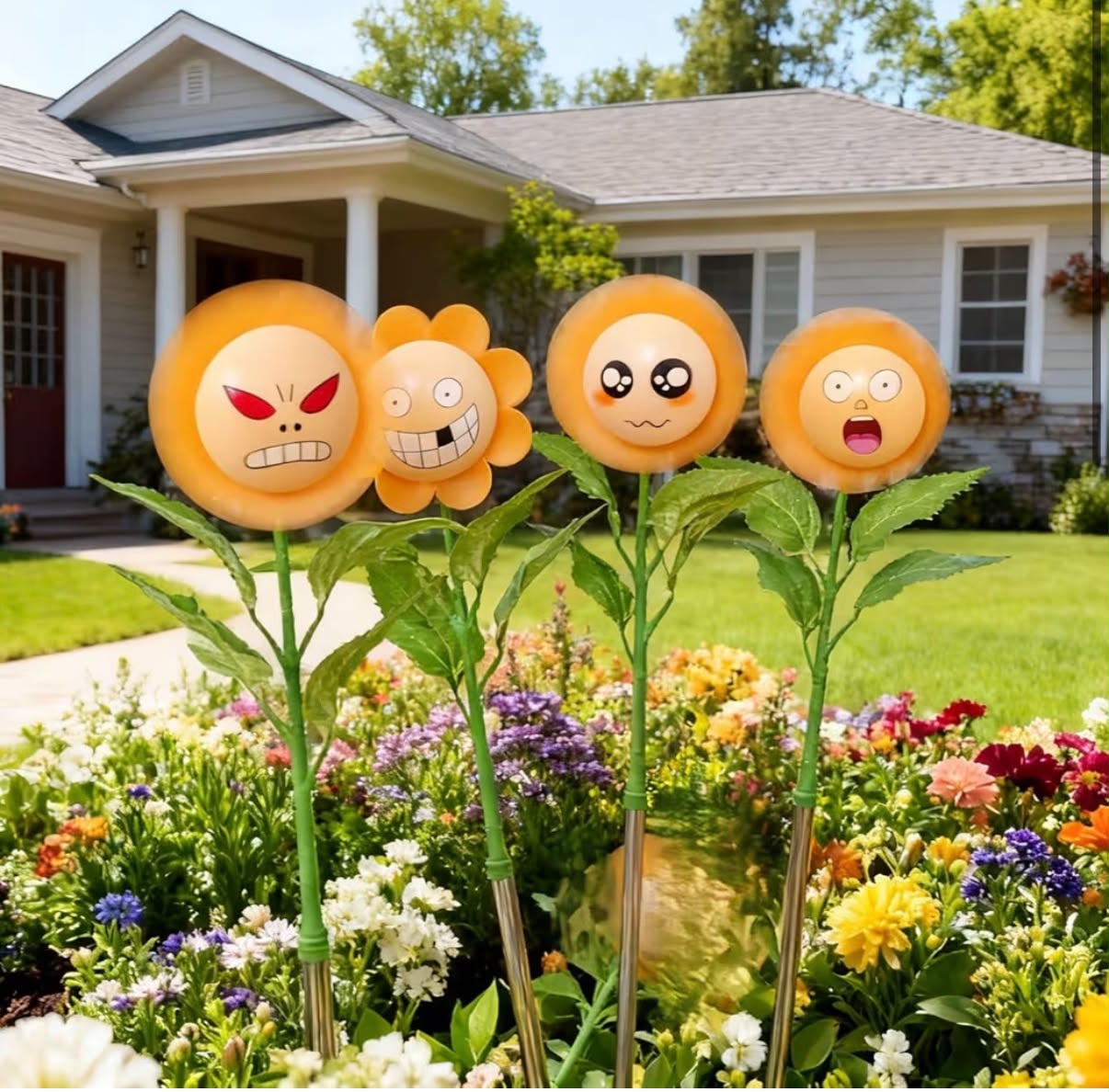 4 Pack BobbleHead Emoji Wind Spinners Sunflower Pinwheels - Garden Decor,