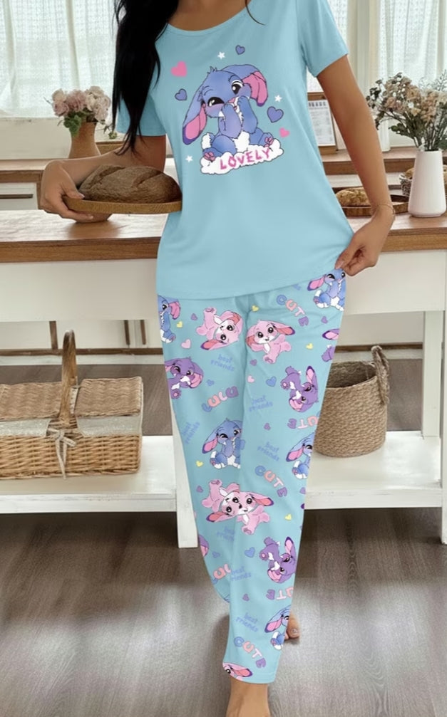 Ladies' Blue and Pink Rabbit Print Crew Neck Short Sleeve Top and Full Print Rabbit Long Pants Casual Cute Pajama Set