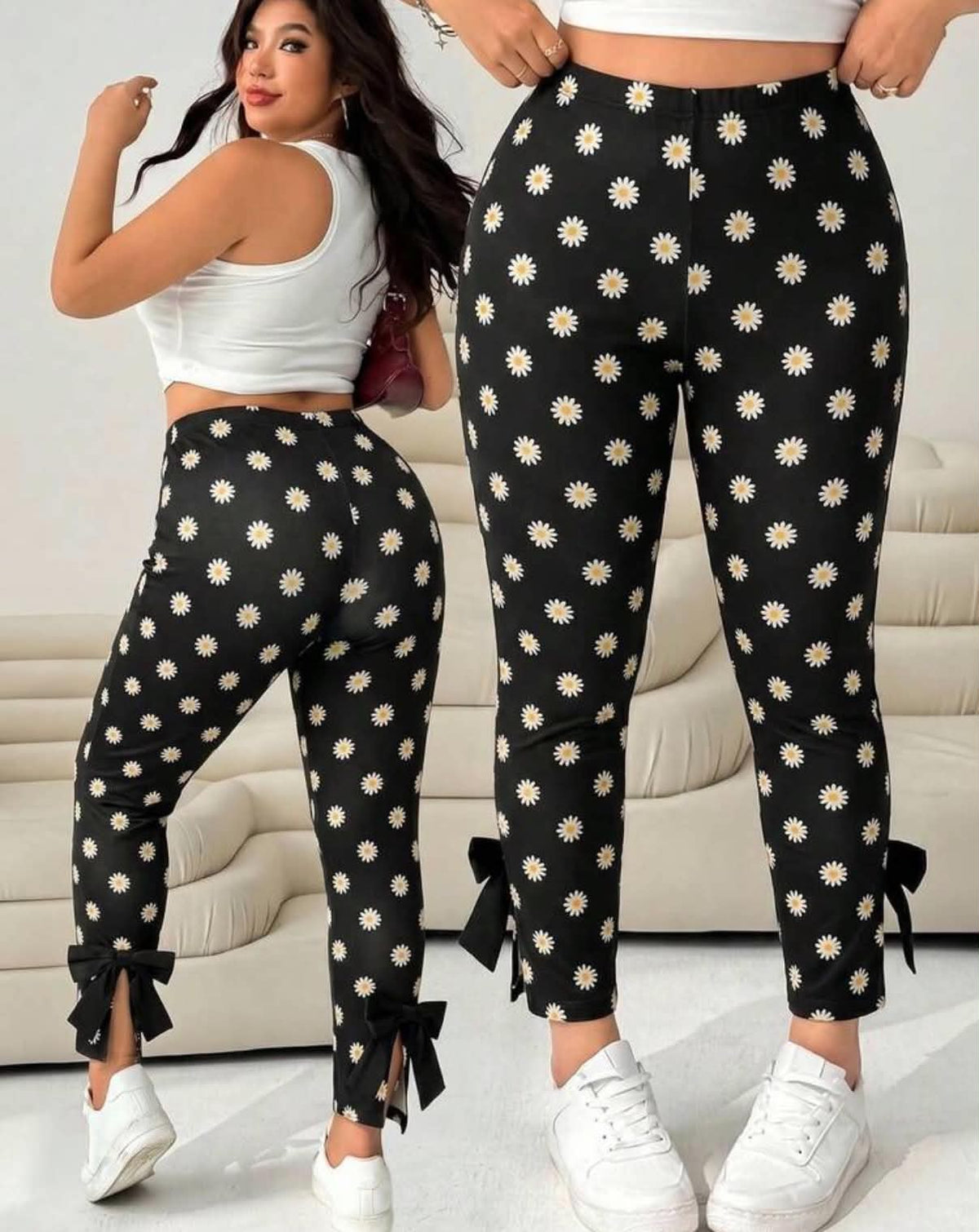 Plus Size Polka Dot Casual Slim Fit Pants With Bow Decor, Versatile