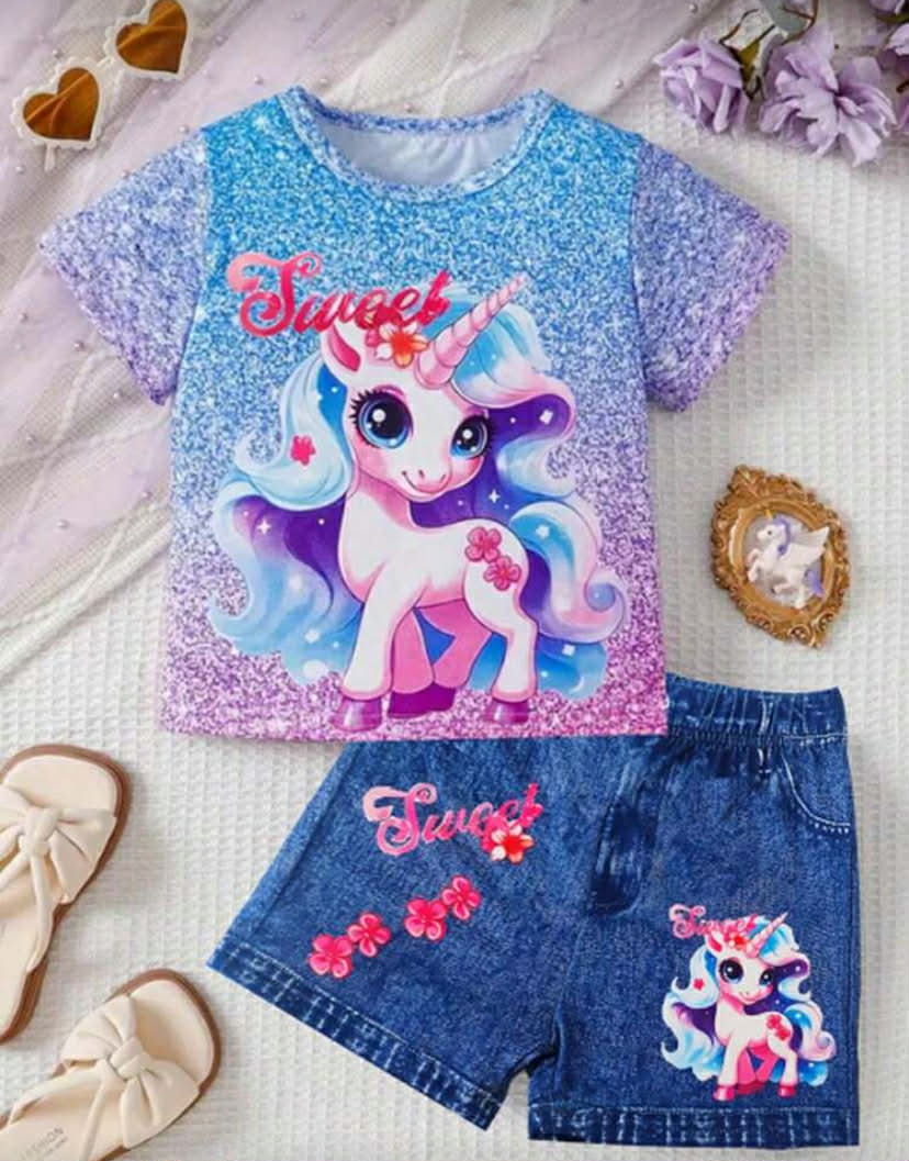 Young Girl Sweet 2pcs Cute unicorn Graphic Short Sleeve T-Shirt Top & Shorts Set For Summer