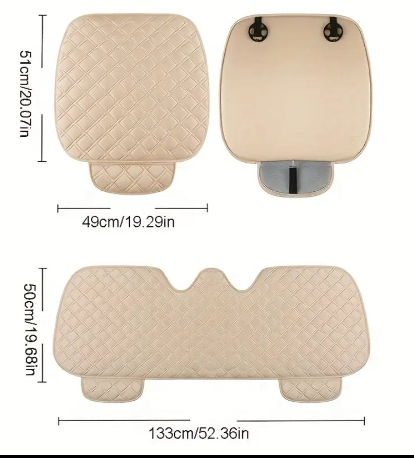 Linen Texture Car Seat Cushion 3pcs Set with Small Rhombus Embroidery, Universal All-Season Cushion with Storage Pocket, Includes 2 Front Seat Cushions and 1 Rear Seat Long Cushion, 3pcs Seat Cushion Set