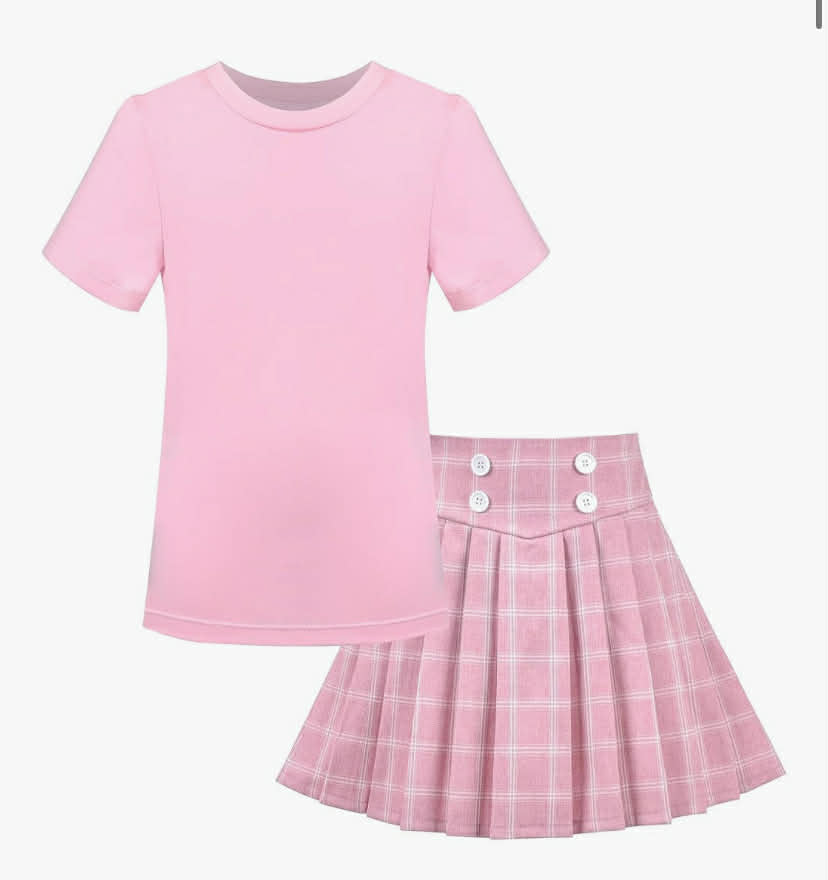 Girls 2 Piece Set Skirt T-Shirt Crop Rib-Knit Plaid Casual School