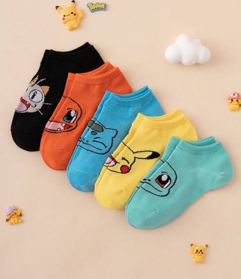 5 Pairs Pokemon Series Pikachu Patterned Cute Cartoon Jacquard Socks, Breathable, Comfortable,