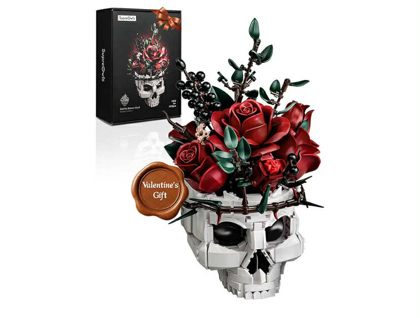 Millionspring Red Rose Bouquet Building Set with Skull Vase Red Artificial Roses Gifts