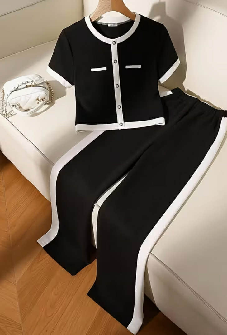 Women's Fashionable Mature-Casual Style Outfit: Color-Block Top + Flowy Wide-Leg Pants Set