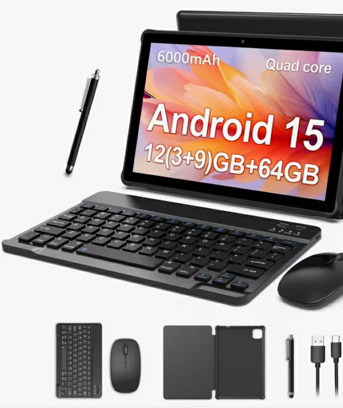 New 10.1-inch Android 15 Tablet With Multiple Options (tablet With Leather Case/tablet With Keyboard Set) 12 (3+9) GB RAM, 64 GB ROM, Quad Core Processor, 2.0MP+8.0MP Camera, 6000mAh Battery,