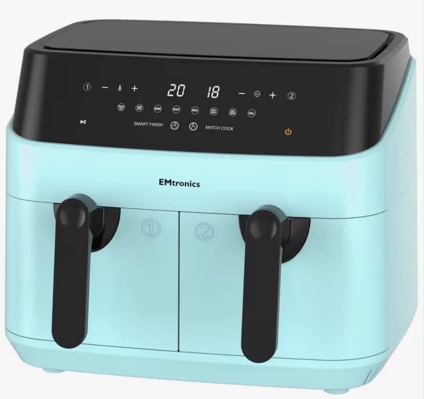 Dual Air Fryer Extra Large Family Size Double XL 9 Litre, 8 Adjustable Pre-Set Menus for Oil Free & Low Fat Healthy Cooking, Easy Clean Metal Interior, 99-Minute Timer - Aqua Blue