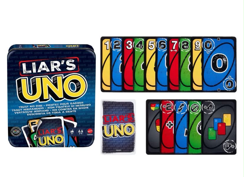Mattel Games Liar’s UNO Card Game in Travel & Storage Tin for Adults, Kids, Families, Parties & Game Nights, Outwit Other Players with Bluffing & Trickery