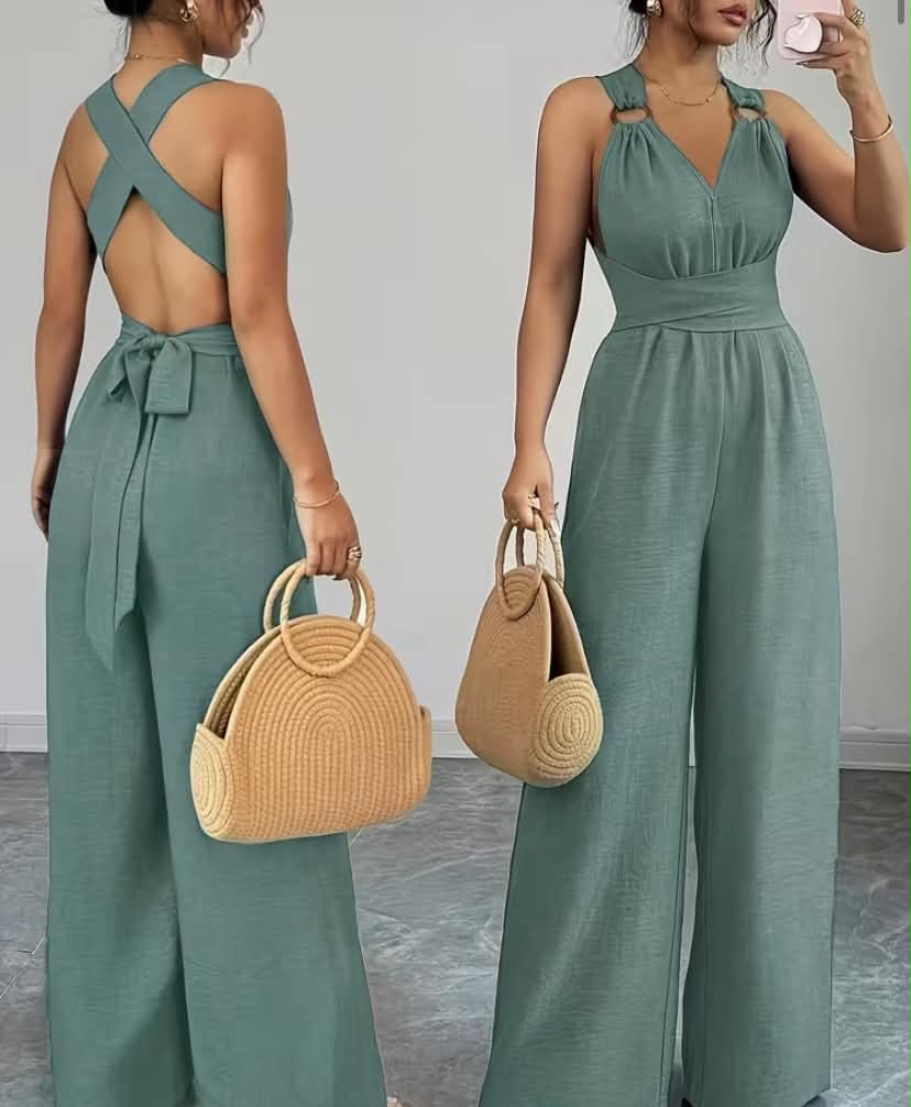 V-neck Women's Jumpsuit Crisscross Waist Ties, Slit Back, Wide-leg Pants