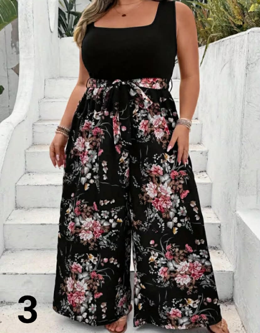 Women's Fashion Plus Size Floral Print Fashionable Jumpsuit, Loose Sleeveless Jumpsuit Suitable for Summer