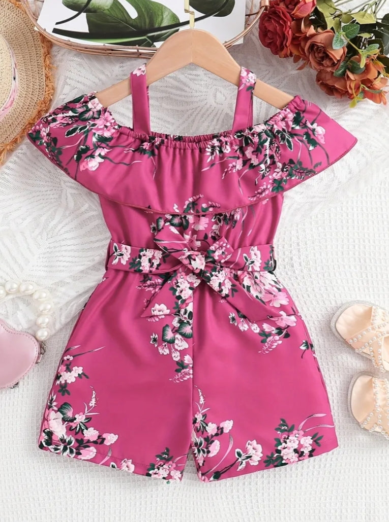 Girls' Off-Shoulder Floral Print Jumpsuit with Ruffled Sleeves & Waist Bow - Vibrant Pink & Green Summer Casual Outfit, Short Sleeveless Dress