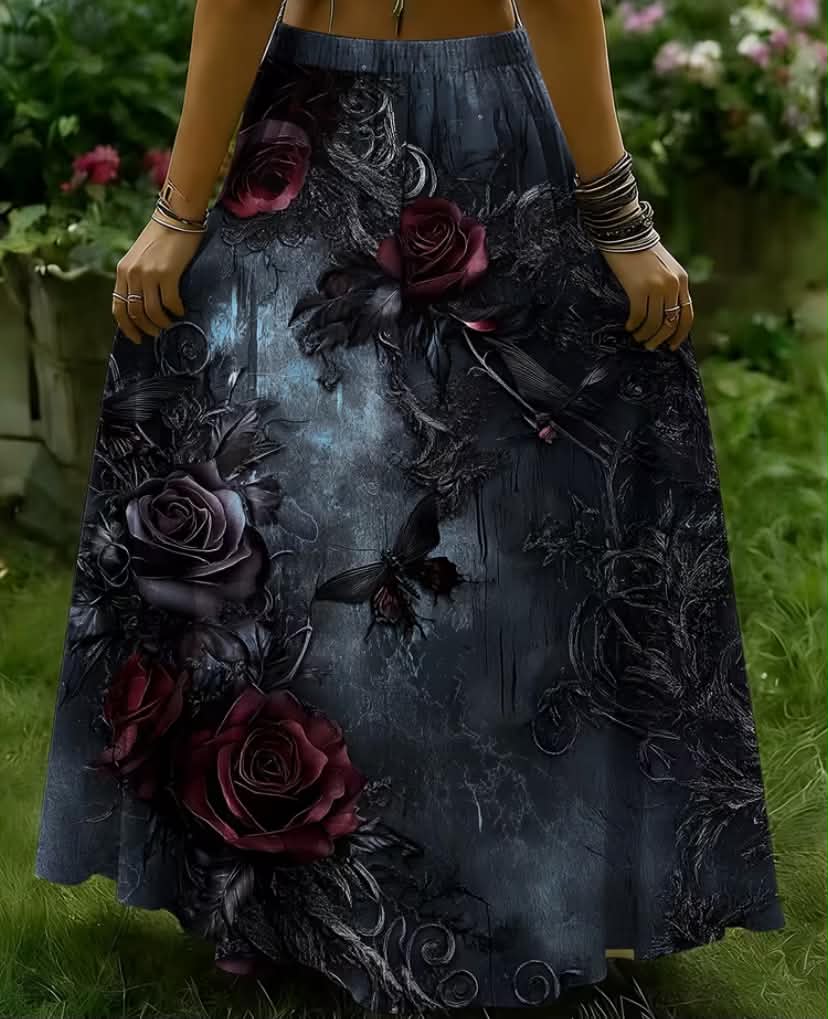 Women'S Plus Size Elegant Bohemian Style Easy Retro Dark Butterfly Rose Pattern Print Skirt
