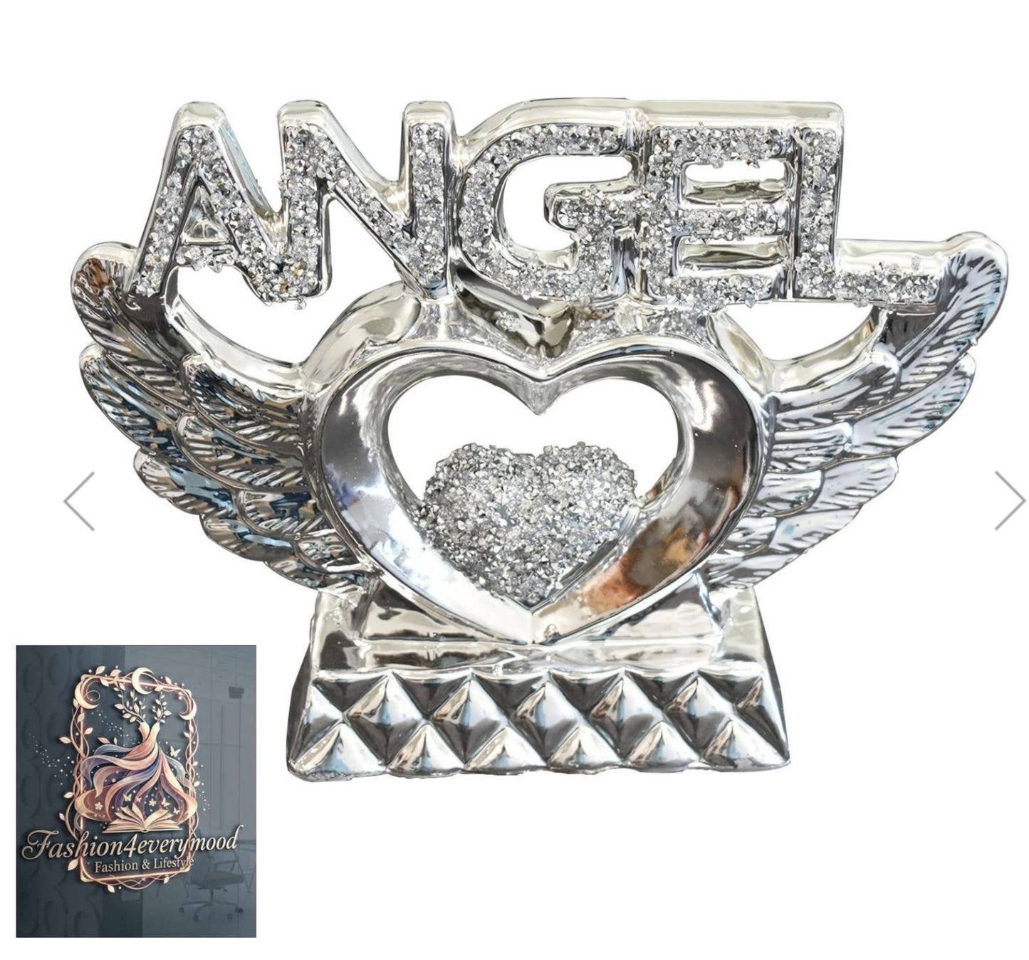 Silver Crushed Diamond Angel Heart With Wings Ornament -