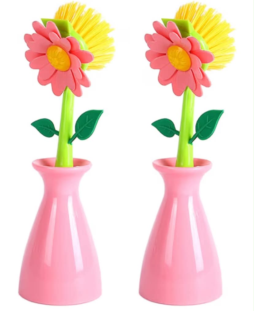 2 Pcs Flower Shape Cleaning Brush, Removable Handle Kitchen Bathroom Brush Creative Lovely Shape Lavatory Bowl Dish Pot Cleaning Brush with Holder (Pink)