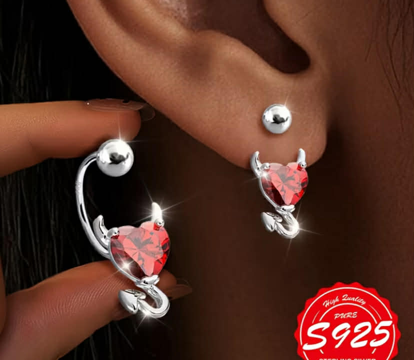 A Pair of S925 Sterling Silvery Women's Red Little Devil Screw Ear Hooks, Bling Bling, Cute and Playful, Secure Screw Clasp Design,
