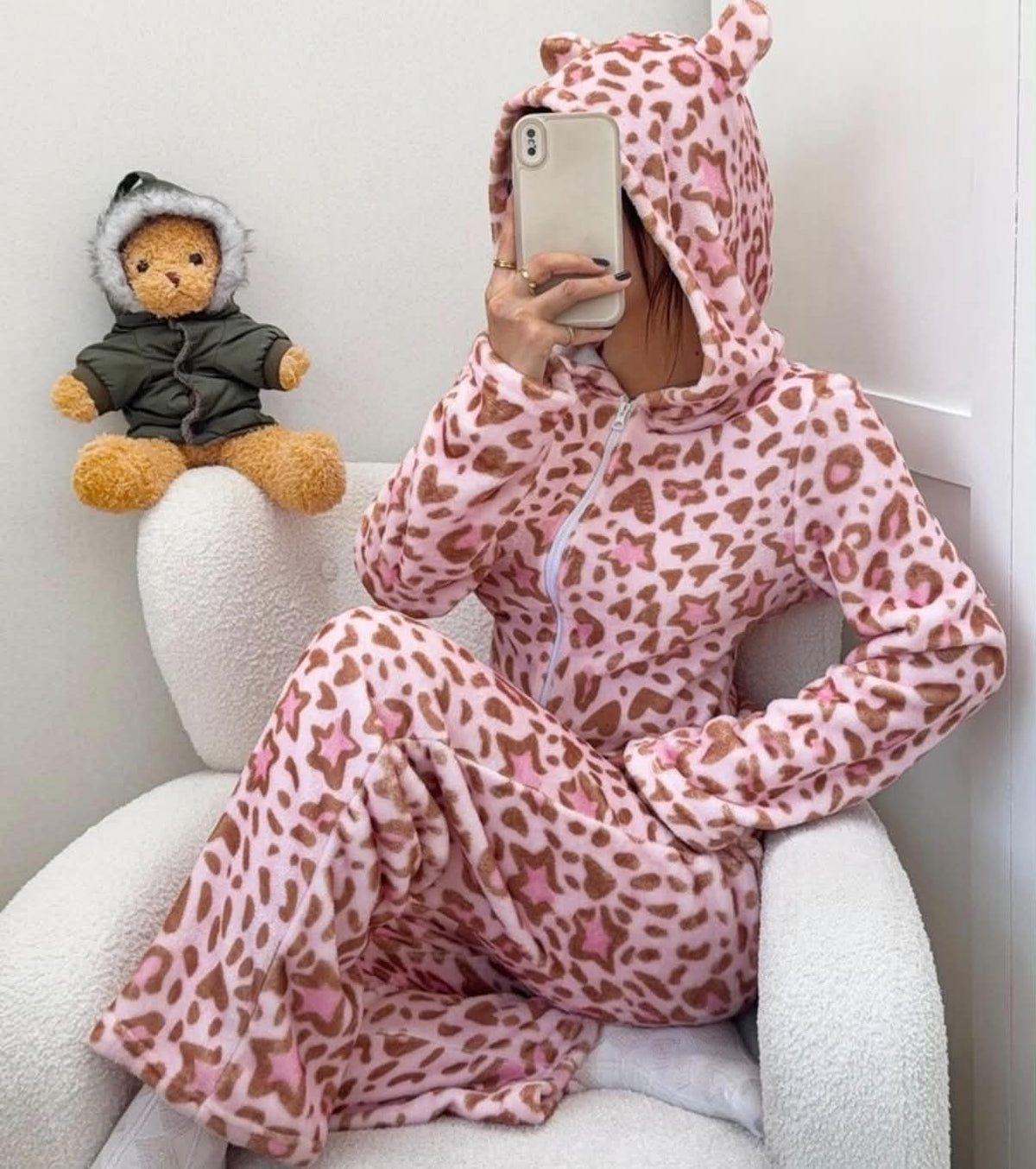 Napfluff Pink Leopard Print Star Pattern Hooded Zip-Up One-Piece Pajamas, Cozy